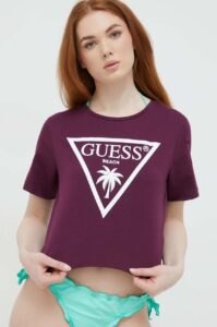Bavlněné tričko Guess Fialová barva
