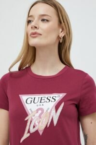 Bavlněné tričko Guess vínová