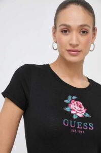 Bavlněné tričko Guess ROSE černá