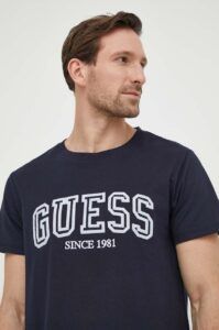 Bavlněné tričko Guess tmavomodrá barva