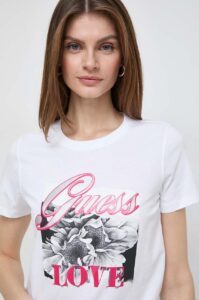 Bavlněné tričko Guess COLLAGE béžová