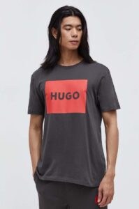Bavlněné tričko HUGO šedá barva