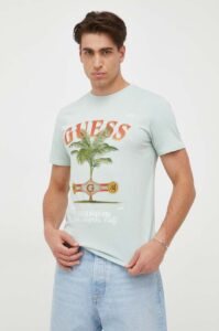 Bavlněné tričko Guess tyrkysová