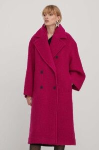 Vlněný kabát HUGO růžová barva