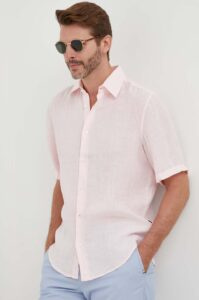 Plátěná košile BOSS BOSS ORANGE růžová barva