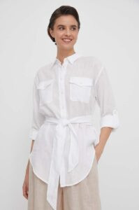 Lněná košile Lauren Ralph Lauren bílá barva