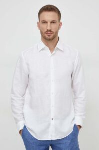 Lněná košile BOSS bílá barva