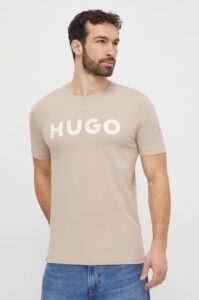 Bavlněné tričko HUGO béžová barva