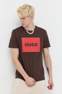 Bavlněné tričko HUGO hnědá barva