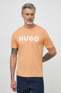 Bavlněné tričko HUGO oranžová barva