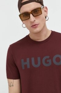 Bavlněné tričko HUGO vínová barva