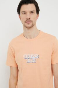 Bavlněné tričko Guess oranžová barva