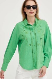 Lněná košile Answear Lab zelená barva