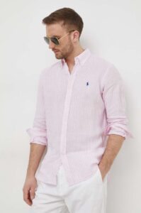 Lněná košile Polo Ralph Lauren růžová barva
