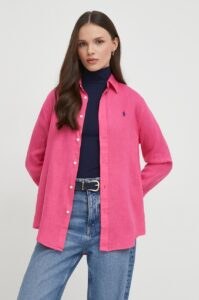 Lněná košile Polo Ralph Lauren růžová barva