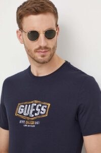 Bavlněné tričko Guess tmavomodrá barva