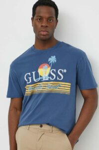 Bavlněné tričko Guess PACIFIC tmavomodrá barva